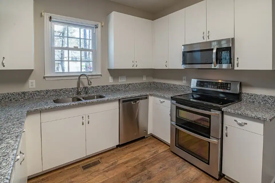 modern kitchen with wooden floor