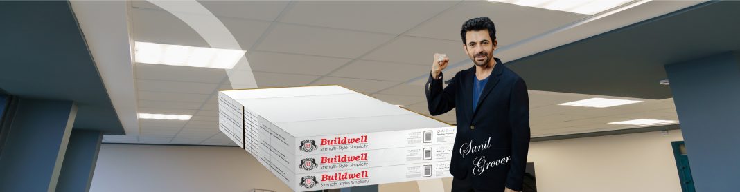 Sunil Grover endorsing Buildwell ceiling tiles stacked under modular lighting—Best Ceiling Tiles Brand in India