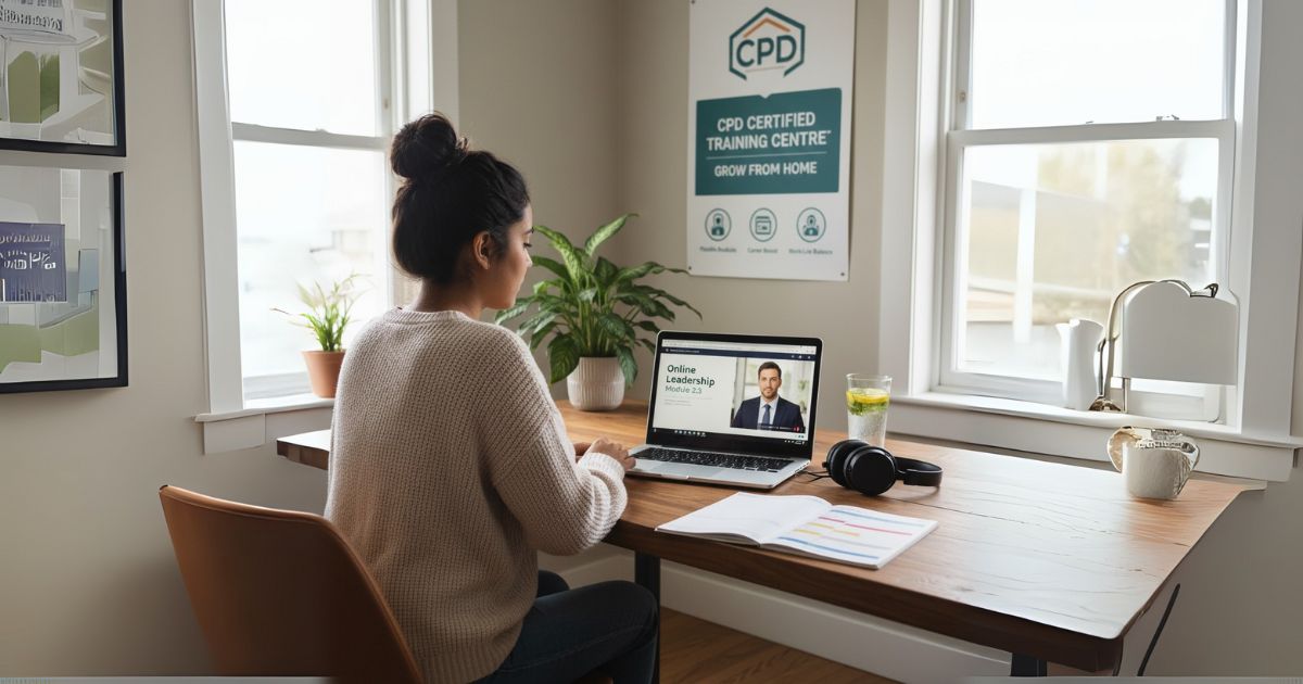 A person sitting at a bright, organized home office desk, actively engaged in an online learning module displayed on their laptop. A "CPD Certified Training Centre" poster is visible on the wall, emphasizing professional development within the home workspace. The setting includes plants and natural light, creating a focused yet comfortable environment for blended learning and working.